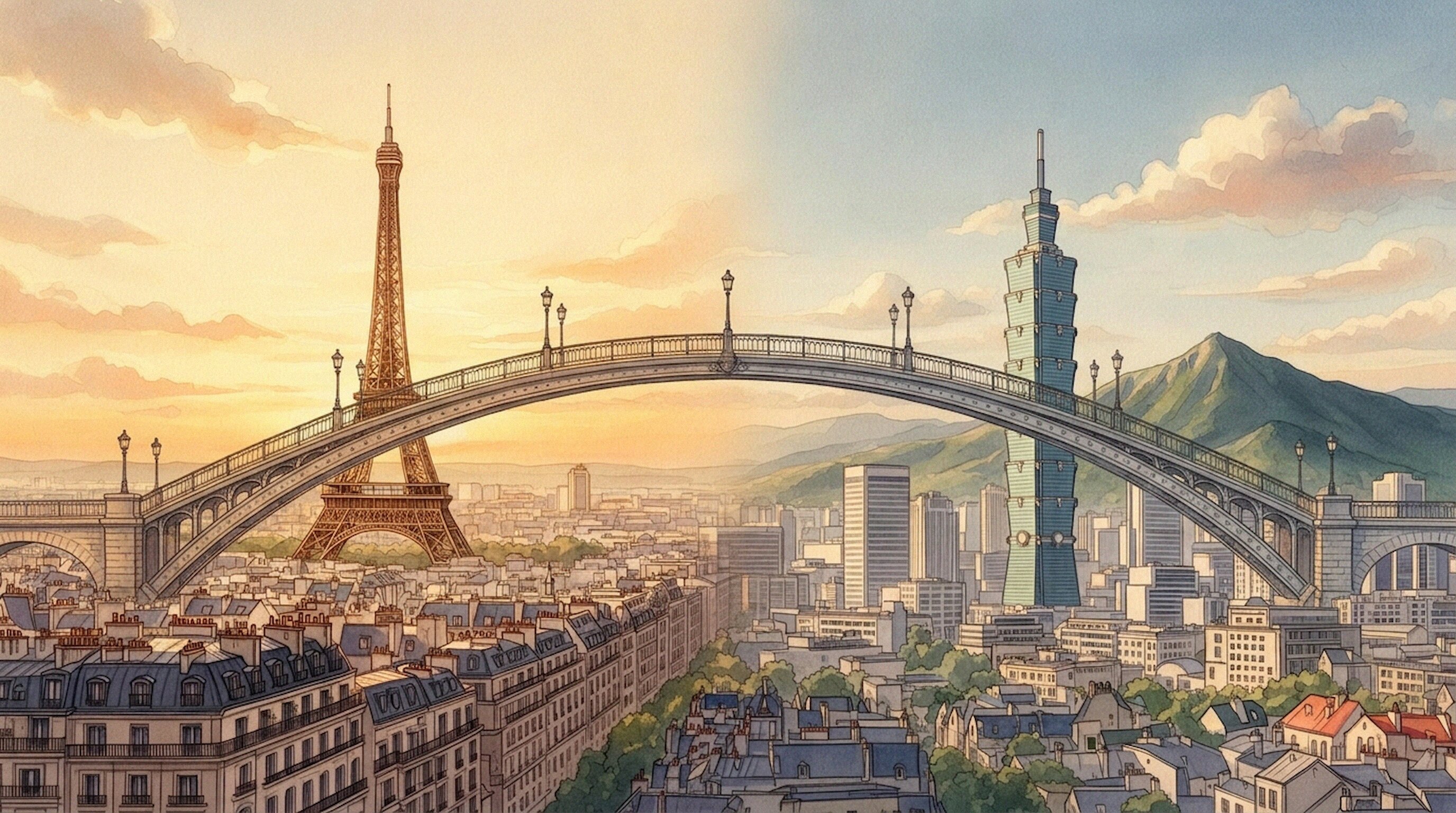 Un pont relie Paris et Taipei : Tour Eiffel et Taipei 101